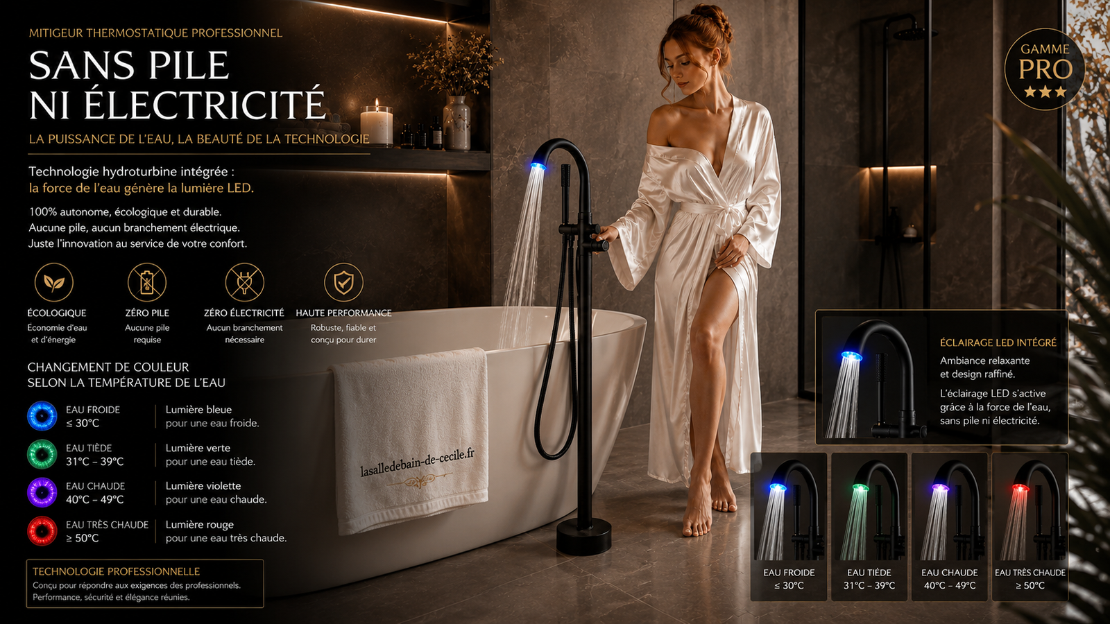 Mitigeur de baignoire sur pied LED noir Fusion